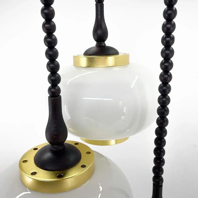 Mid-Century Wood, Milk Glass & Brass Cascade Chandelier, Poland, 1970s For Sale - Image 6 of 13