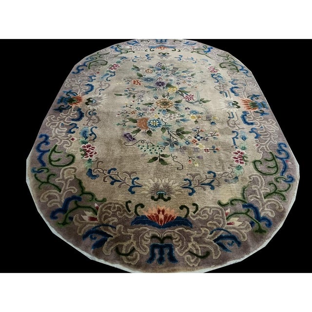 1920s Sand Field Floral Modern Antique Chinese Art Deco Oval Room Size Wool Rug For Sale In New York - Image 6 of 7