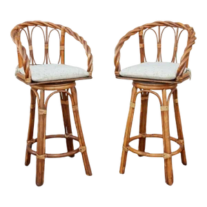 1970's Colonial Sculpted Cane & Rattan Bar Stools, 6 Available, Sold in Pairs