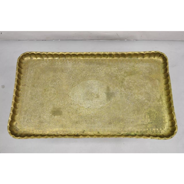 Vintage Moroccan Middle Eastern Solid Brass Rectangular Engraved 30" Tray Top. Circa Early 20th Century. Measurements: 2"...