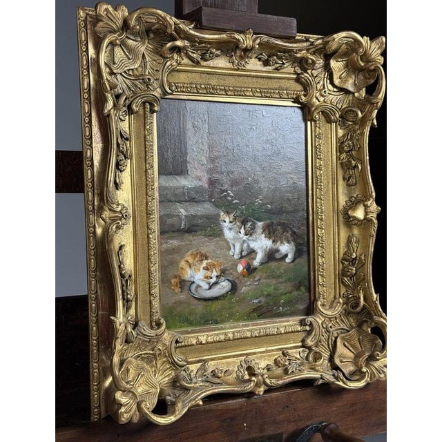 Alfred Arthur Brunel De Neuville, Playing Kittens, Oil on Panel For Sale - Image 16 of 18