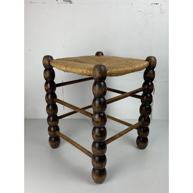 Charles Dudouyt Brutalist Wood Turned Bobbin Rush Stool by Charles Dudouyt, 1950s For Sale - Image 4 of 17