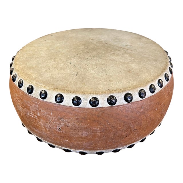 Vintage Handcrafted Drum With Metal Stud Detailing For Sale