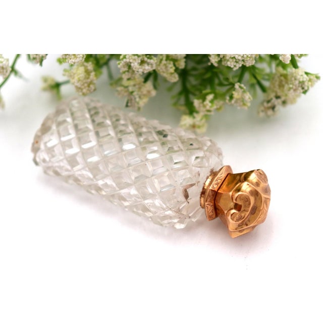 Perfume Bottle in Cut Glass and Gold Cap with Reliefs For Sale - Image 3 of 6