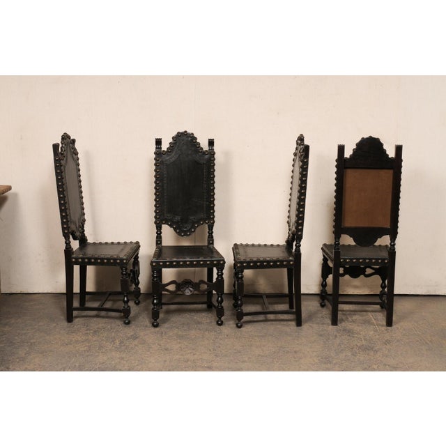 Mid 20th Century Set of 8 Spanish Leather & Carved Wood Chairs With Nailhead Trim For Sale - Image 10 of 12