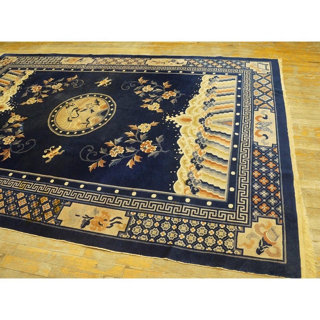 Hand Knotted Pile Wool Antique Blue Ivory Beige Cream White Rectangle 1920s Rug, Circa Date: 1920s. This magnificent...
