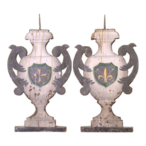 Pair of 19th Century Italian Painted Wood Altar Pricket With Heraldic Shields