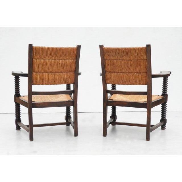 1940s French Oak and Rush Armchairs by Charles Dudouyt, 1940s, Set of 2 For Sale - Image 5 of 9