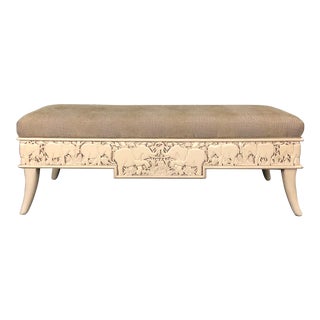 Vintage Sam Moore Carved Wood Upholstered Top Elephant Bench For Sale