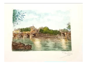 Le Pont Neuf Etching by Dufza, Paris, 1940