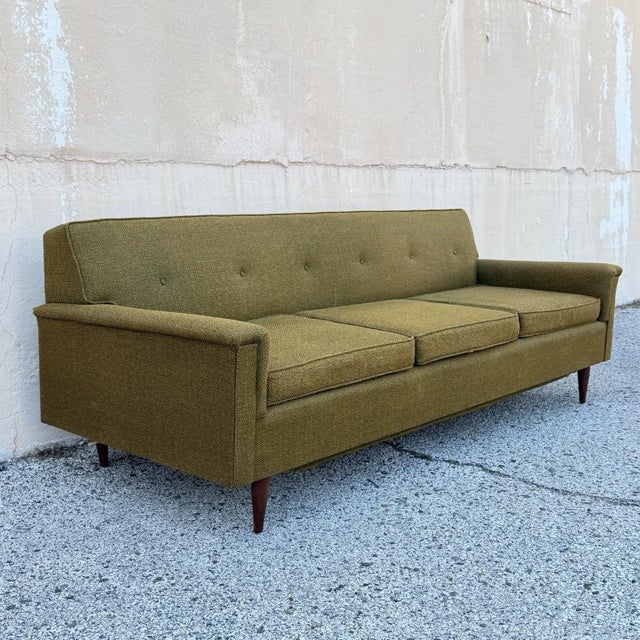 Mid-Century Modern Vintage Mid Century Modern Greenish Brown Tufted 82" Sofa Couch W/ Walnut Legs For Sale - Image 3 of 18