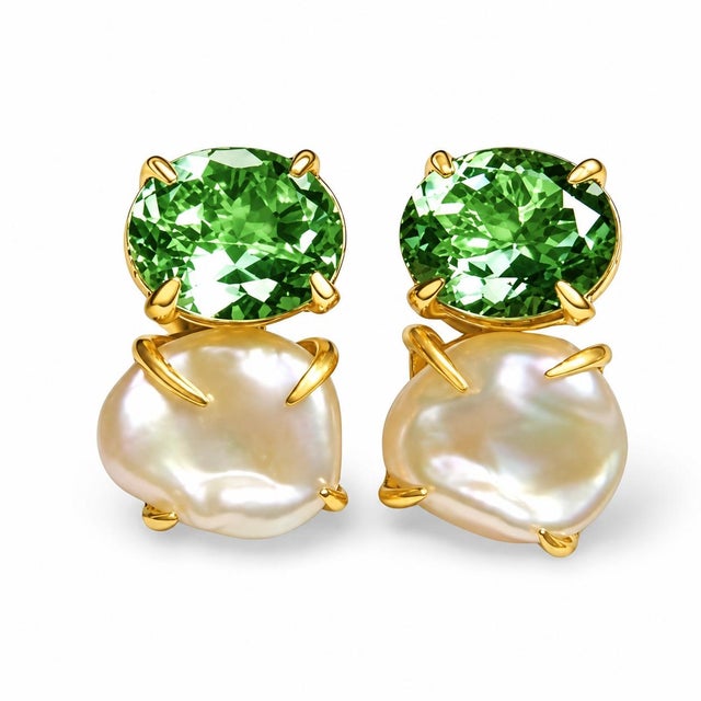 Mid-Century Modern Mid 20th Century Pair of 14k Yellow Gold Green Amethyst Baroque Pearl Drop Earrings Designer Estate For Sale - Image 3 of 4