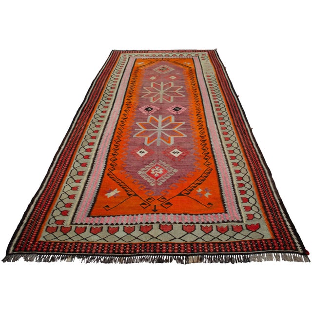 Authentic Turkish Kilim, Vintage Orange Hallway Runner, Tribal Rug, Handwoven Wool Tapestry, Mid Century Modern Floor Decor - 5′3″ X 11′5″ For Sale - Image 9 of 14