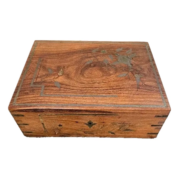1980s Rosewood Vanity Box With Brass Inlay W/ Keys. | Chairish