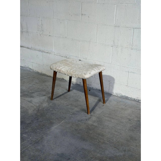 Vintage Danish Mid Century Modern Teak Vanity Stool With Sheepskin Upholstery For Sale In Los Angeles - Image 6 of 8