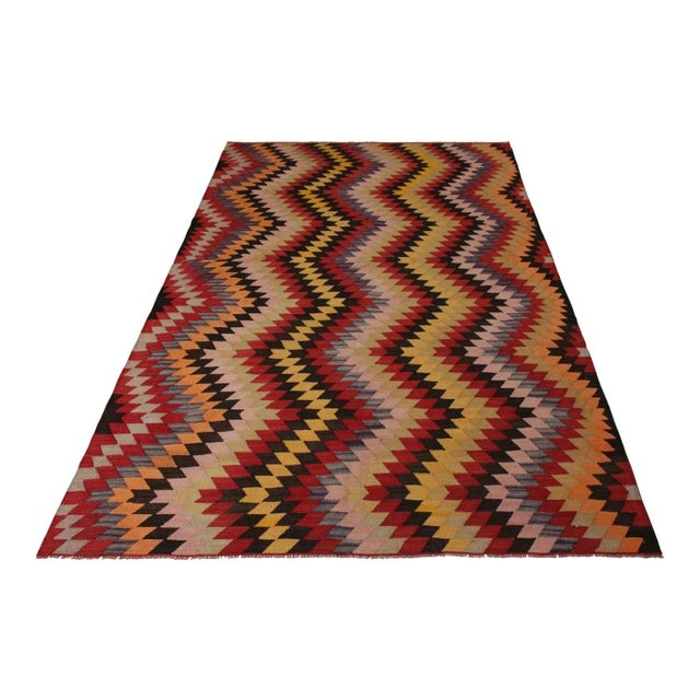 Traditional 1950s Handwoven Vintage Afyon Kilim Rug in Red Multicolor Chevron Pattern For Sale - Image 3 of 6
