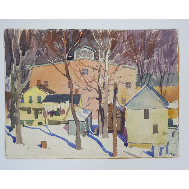 Traditional Early 20th Century Winter Cityscape Backyards Watercolor Painting For Sale - Image 3 of 3