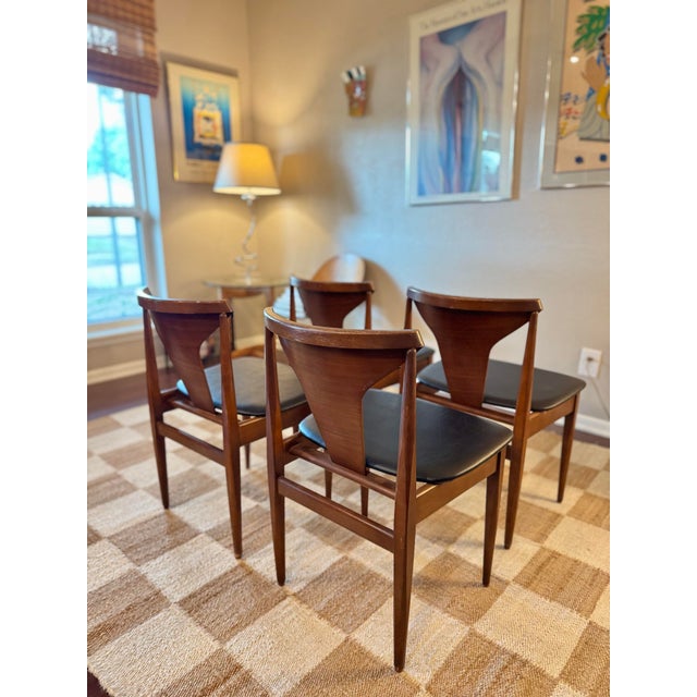 Black A Beautiful Set of 4 Mid Century Modern Dining Chairs in Teak With Black Faux Leather Seats, Attributed to Elliots of Newbury, Circa 1960s For Sale - Image 8 of 12