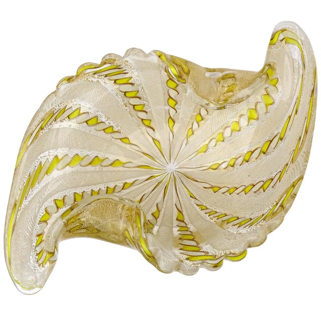 Murano Fratelli Toso Yellow White Twisting Ribbons Gold Flecks Vintage Italian Art Glass Decorative Bowl For Sale - Image 9 of 9