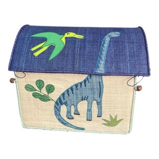 Whimsical Hand-Woven Raffia Dinosaur Toy Trunk For Sale