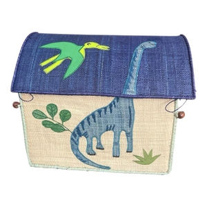 Whimsical Hand-Woven Raffia Dinosaur Toy Trunk