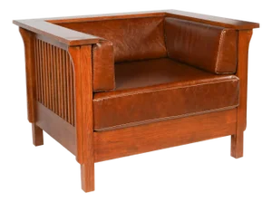 Arts and Crafts / Craftsman Cubic Slat Side Arm Chair - Chestnut Brown Leather