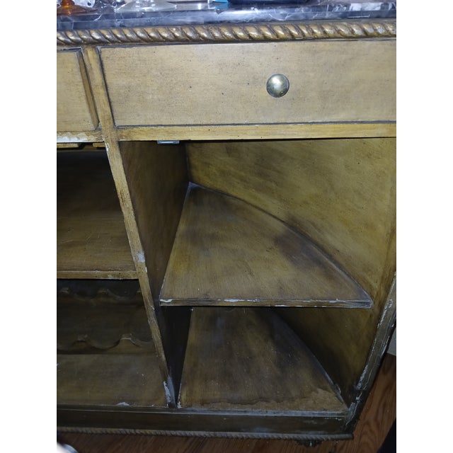 1950s Vintage Brass Marble Wood and Leather World Map Large Half Circle Dry Bar For Sale - Image 11 of 18