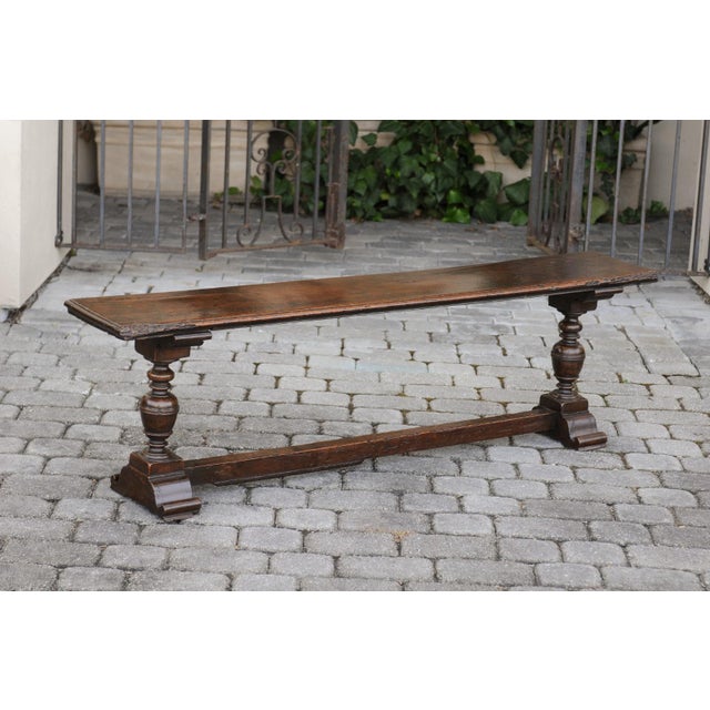 Early 19th Century Two English Georgian Period Walnut Benches with Turned Legs and Cross Stretcher For Sale - Image 5 of 12