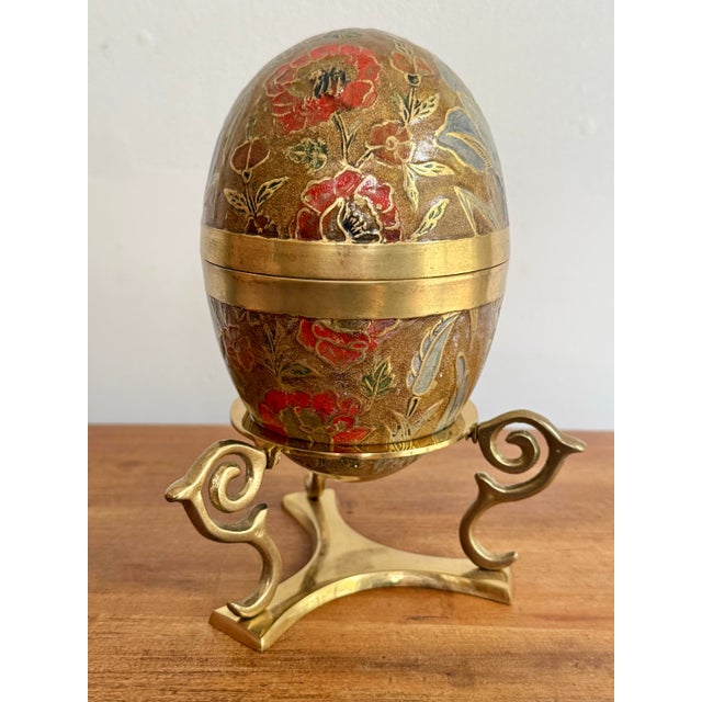 1970s Large 1970s Brass and Enamel Floral Egg Box on Stand For Sale - Image 5 of 8