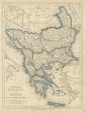 Antique Map of European Turkey and Greece by Lowry, 1852