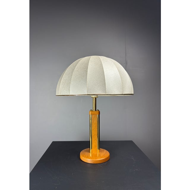 Gold Mid-Century Austrian Hollywood Regency Oak and Brass Table Lamp with Mushroom Shade, 1960s For Sale - Image 8 of 17