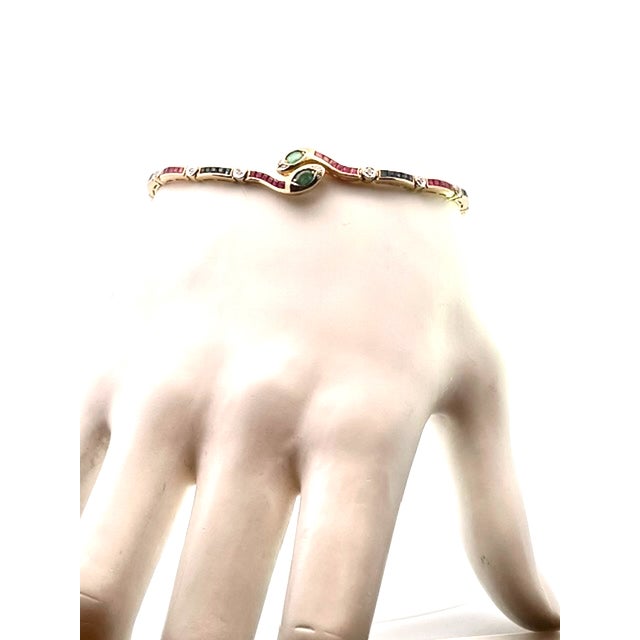 Vintage Yellow Gold Snake Bracelet With Emeralds, Rubies, and Diamonds For Sale - Image 9 of 13