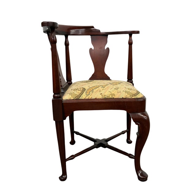 Queen Anne Vintage Queen Anne Style Corner Chair With Nautical Map & Sailing Ship Upholstery For Sale - Image 3 of 12