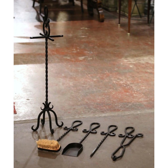 Metal Vintage French Gothic Wrought Iron Five-Piece Fireplace Tool Set on Stand For Sale - Image 7 of 10