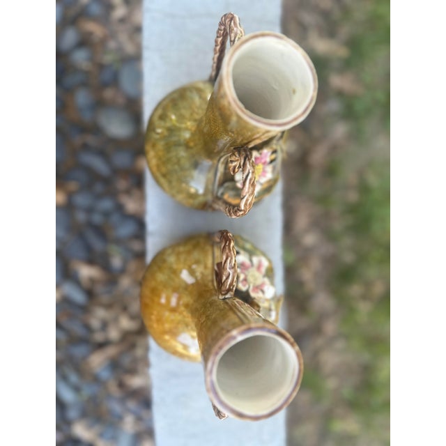 Copper Pair of Antique French Art Nouveau Barbotine Majolica Vases With Applied Flowers For Sale - Image 8 of 12