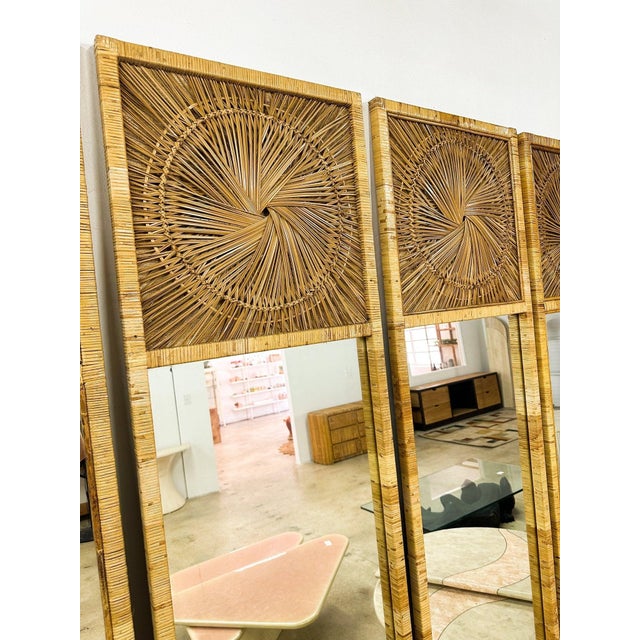 Mid-Century Modern 1970s Sunburst Rattan Mirror Panels - Set of 2 For Sale - Image 3 of 7