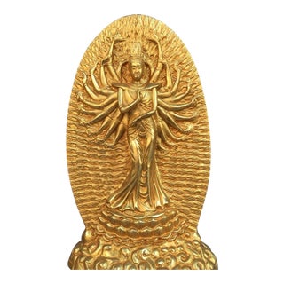 Late 20th Century Gilt Brass Thousand-Armed Avalokiteshvara Sculpture, Standing Lotus Statue For Sale