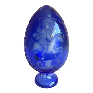 Late 20th Century Faberge Russian Style Cross Cobalt Blue Cut Glass Footed Etched Glass Egg