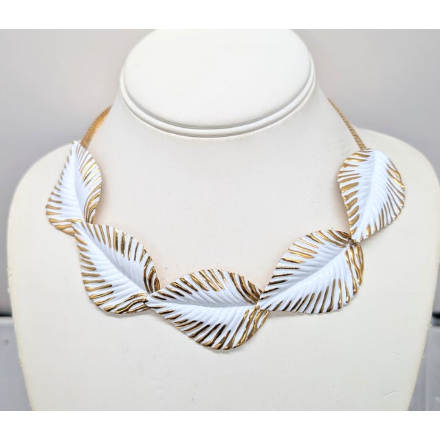 American Vintage Signed Napier Goldtone White Enamel Leaves Collar Necklace For Sale - Image 3 of 6