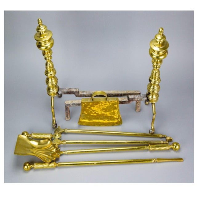 Early 20th Century Antique Brass Fireplace Andirons & Tool Set—6 Pieces For Sale - Image 5 of 7