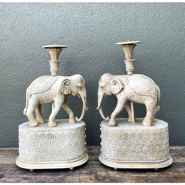 Vintage Carved Wood Elephant Candlesticks - A Pair For Sale - Image 9 of 12