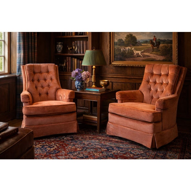 Vintage Salmon Pink Tufted Skirted Corded Velvet Swivel Club Chairs - a Pair Kindly note photo number two (2) is a digital...