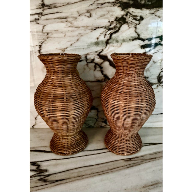 1980s Handmade Rattan Urns Pair For Sale - Image 5 of 6