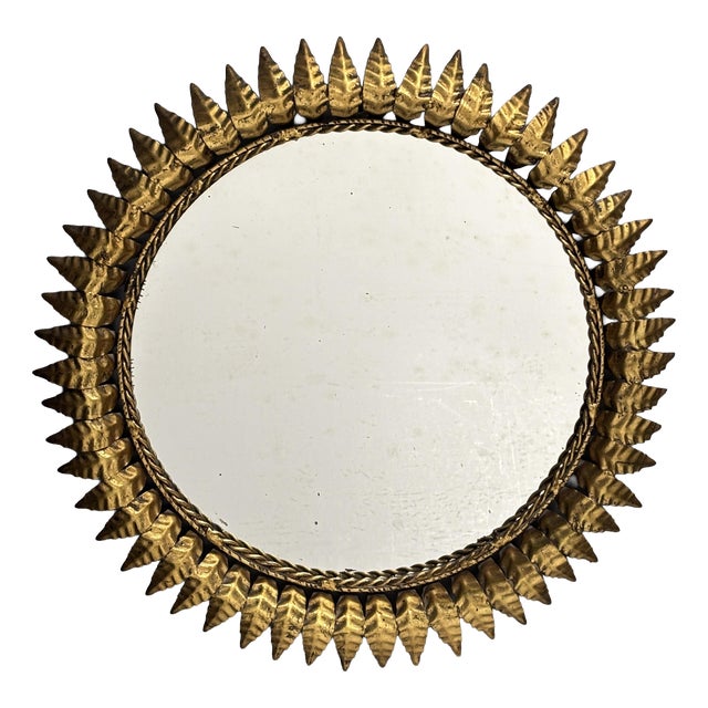 Mid-Century Modern Hollywood Regency Spanish Gilt Metal Sun Mirror, 1950s For Sale