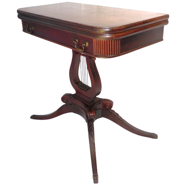 American Late 1930s Vintage Lexington Chair Company Mahogany Veneer Lyre Flip-Top Game Table For Sale - Image 3 of 18