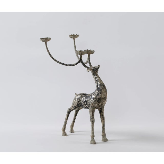 Modern Contemporary Bronze & Silver-Tone Inlay Holiday Reindeer Candle Holder For Sale - Image 3 of 7