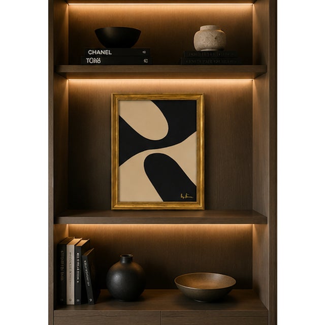 Original acrylic painting by Bryan Boomershine on canvas board featuring a bold modernist composition of organic black...