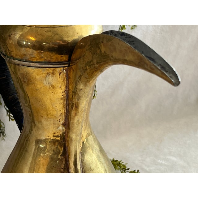 Large Antique Hand Crafted Arabian Dallah Coffee Urn 16" Middle Eastern Brass Plated Coffee Pot Hinged Lid Hand Woven Leather Handle Worn For Sale - Image 10 of 15