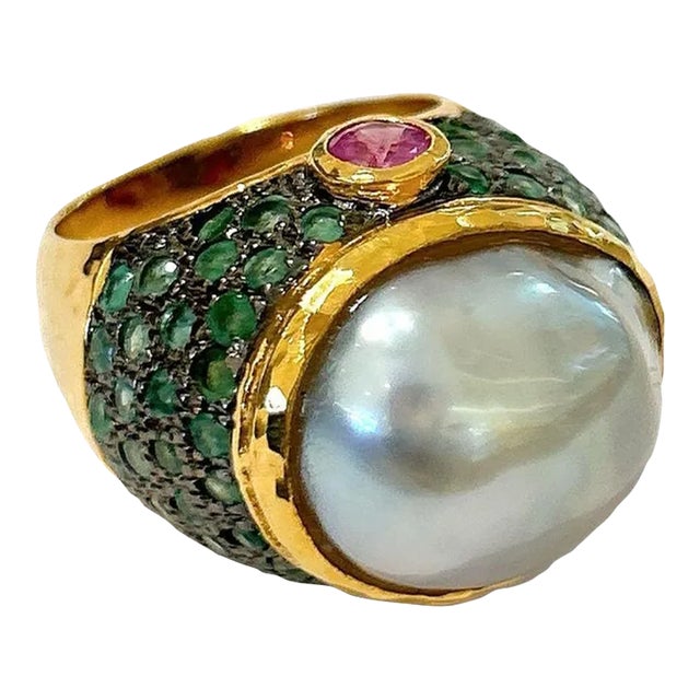 Bochic “Orient” Tahiti Pearl & Multi Gem Ring Set in 18k Gold & Silver, Size 5.5 For Sale
