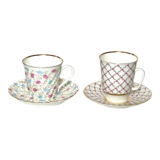Russian Imperial Lomonosov Tea Cups and Saucers, Pair For Sale